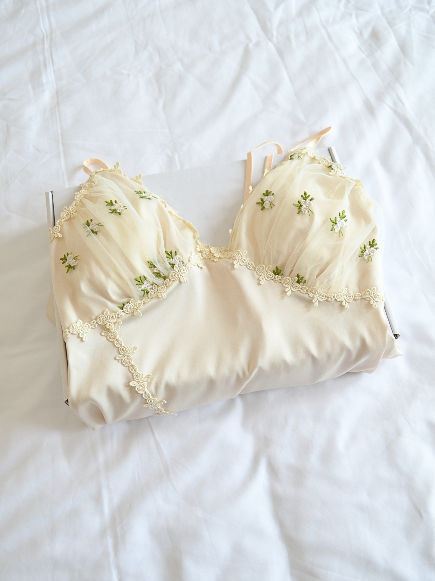White Embroidery Floral Satin Slip Dress