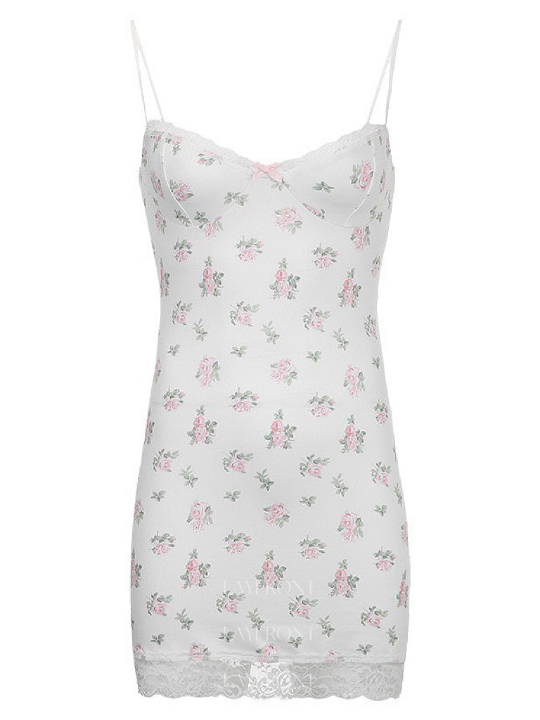 White Floral Print Strap Y2k Dress