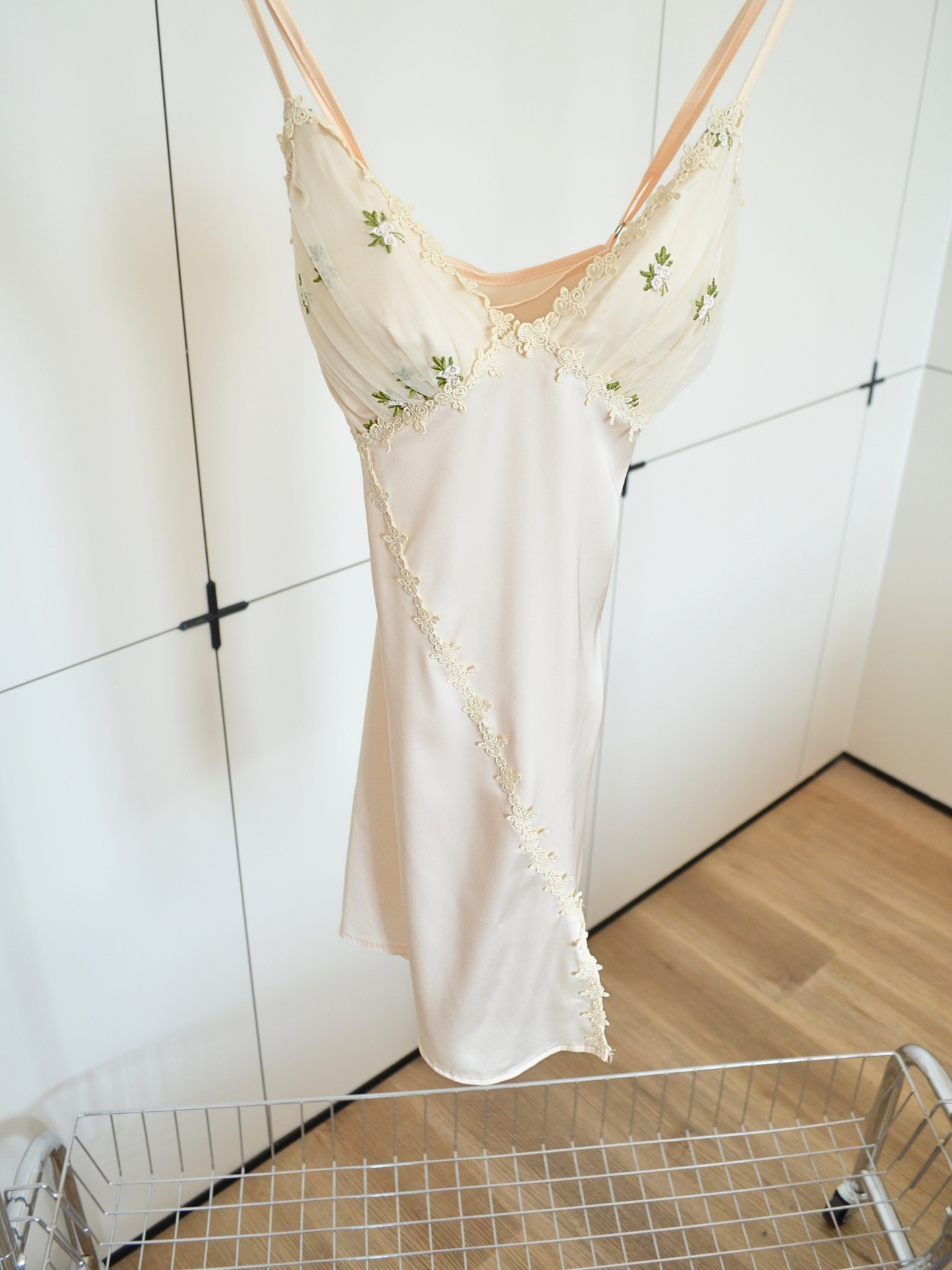 White Embroidery Floral Satin Slip Dress