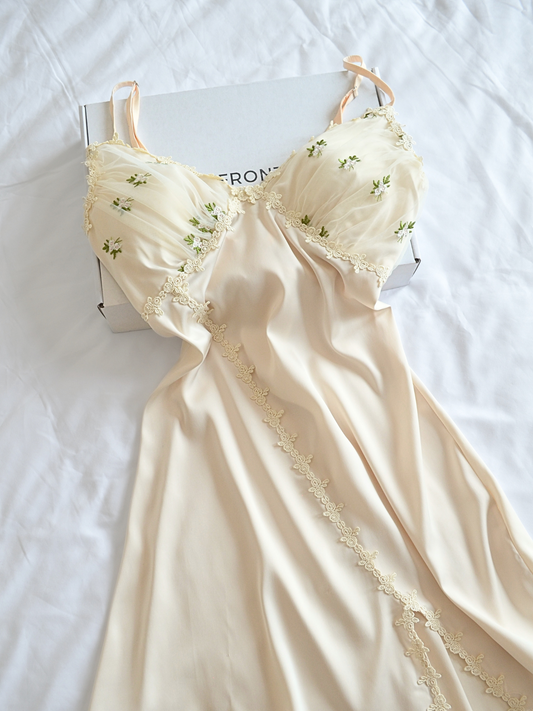 White Embroidery Floral Satin Slip Dress